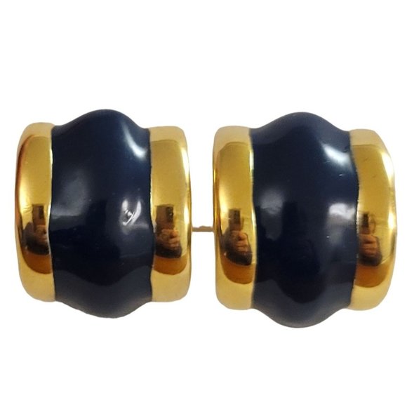 Gold Tone Black Enamel, Designer Style Wide C, Half Hoop Clip On Earrings K960 - Picture 7 of 7